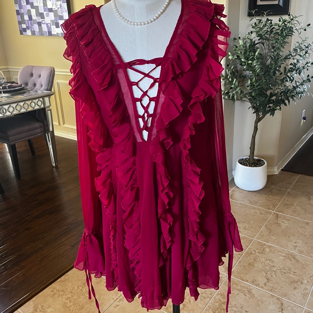 Wine Ruffled Long Sleeve Dress
